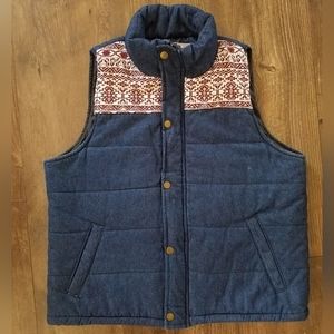 Denim Puffer Vest w/Aztec Detail